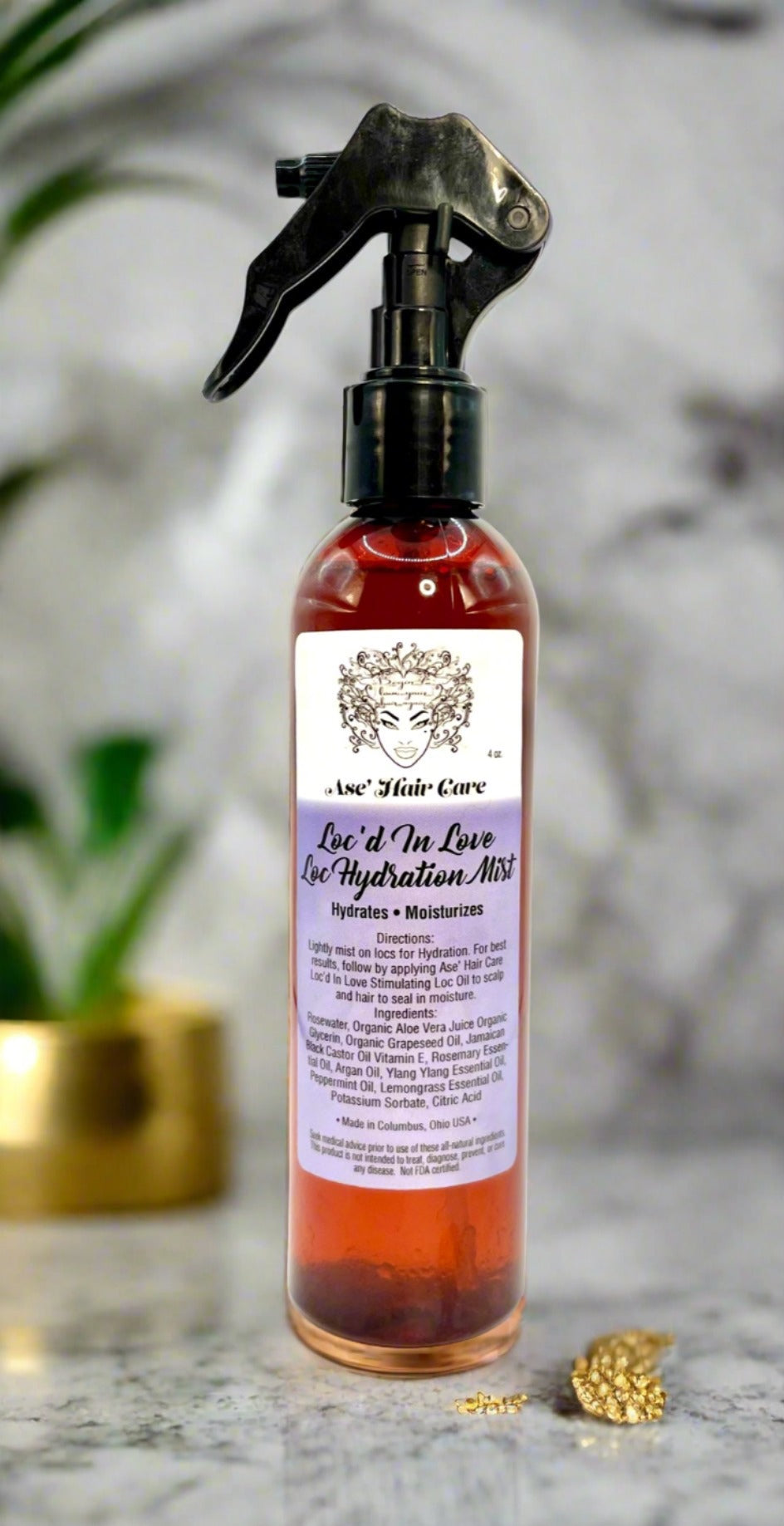 Ase' Loc'd In Love Loc Hydration Mist combines juciy moisture rich ingredients such as Organic Rosewater, Organic Grapeseed Oil, Lemongrass Oil, Aloe Vera Juice and Rosemary Oil for growth to provide your locs with superior moisturization that lasts for days without buildup.